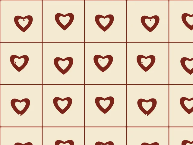 A grid of dark red hollow hearts in ruled panels on a cream ground