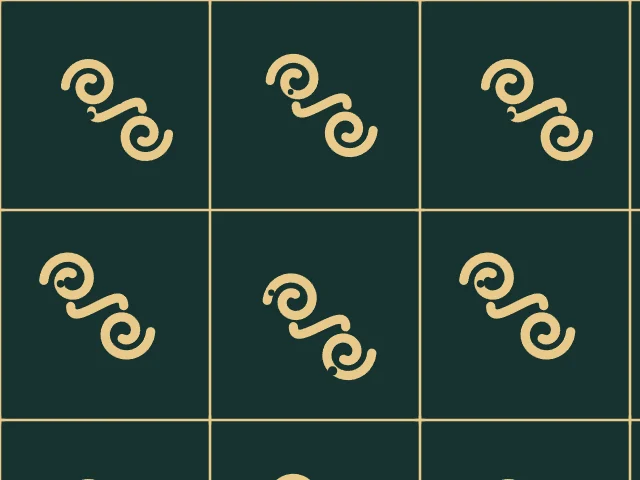 Pairs of gold spirals in ruled panels on a deep green ground
