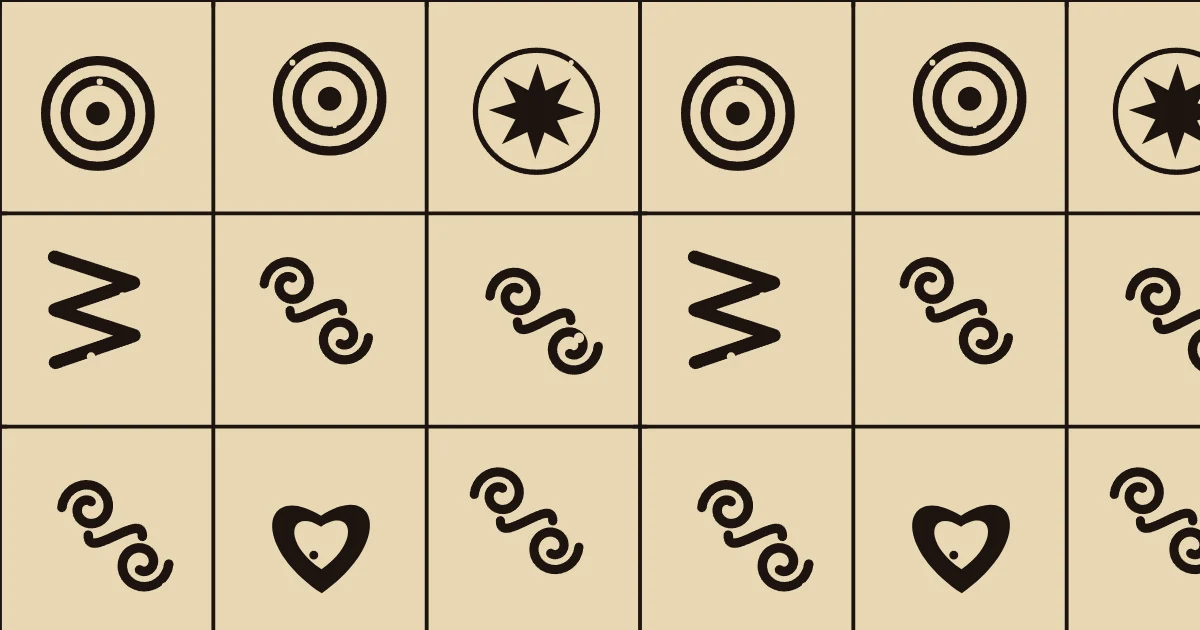 A grid of dark stamped symbols — rings, hearts, horns, zigzags and stars — in ruled panels on a tan ground