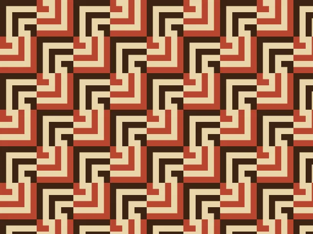 Interlocking hooks in dark brown, rust and cream, turned half a turn from one block to the next