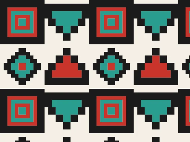 Red and teal nested squares, triangles and diamonds with black outlines on a cream ground