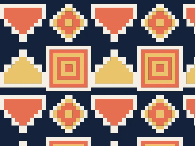 Coral, gold and cream triangles, diamonds and nested squares on a navy ground