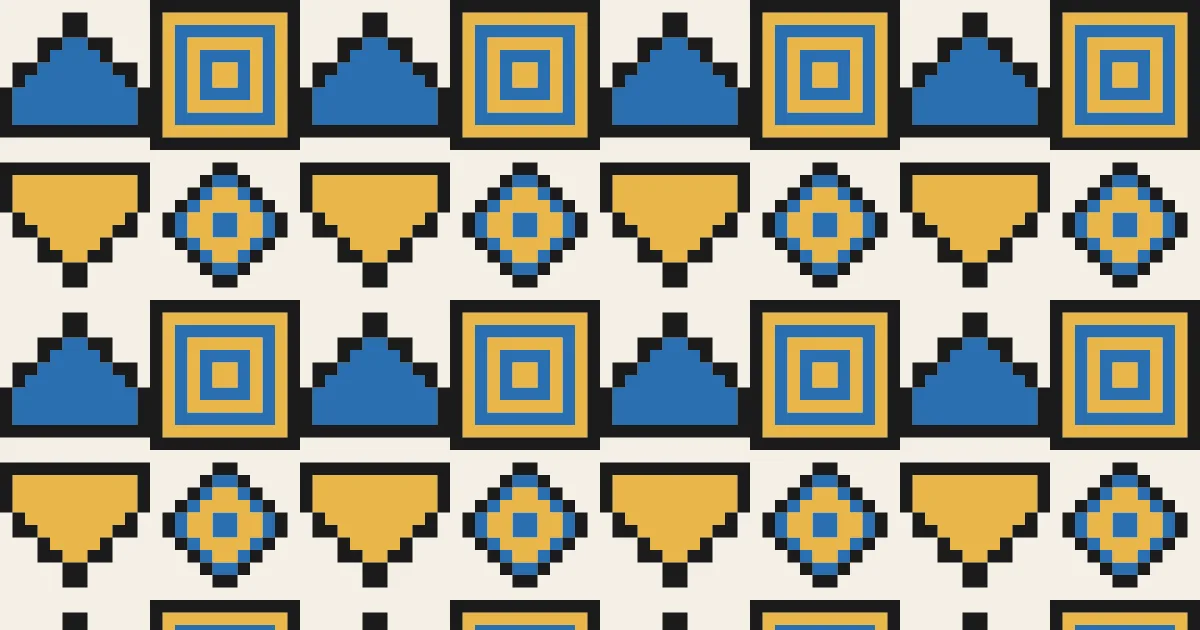 Blue and gold nested squares, triangles and diamonds outlined in black on a cream ground in a Ndebele style