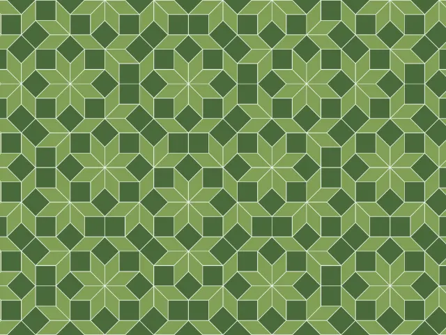 A dense tiling of small squares and rhombi in shades of green with eight-pointed stars