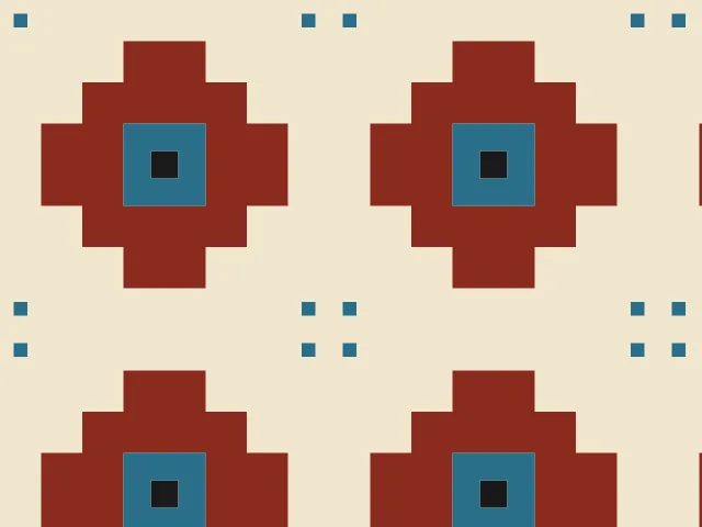 Maroon stepped crosses with blue centers and small blue squares on a cream ground