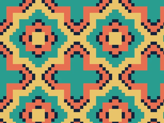 A stepped rosette in gold, coral and teal on a teal ground with navy details