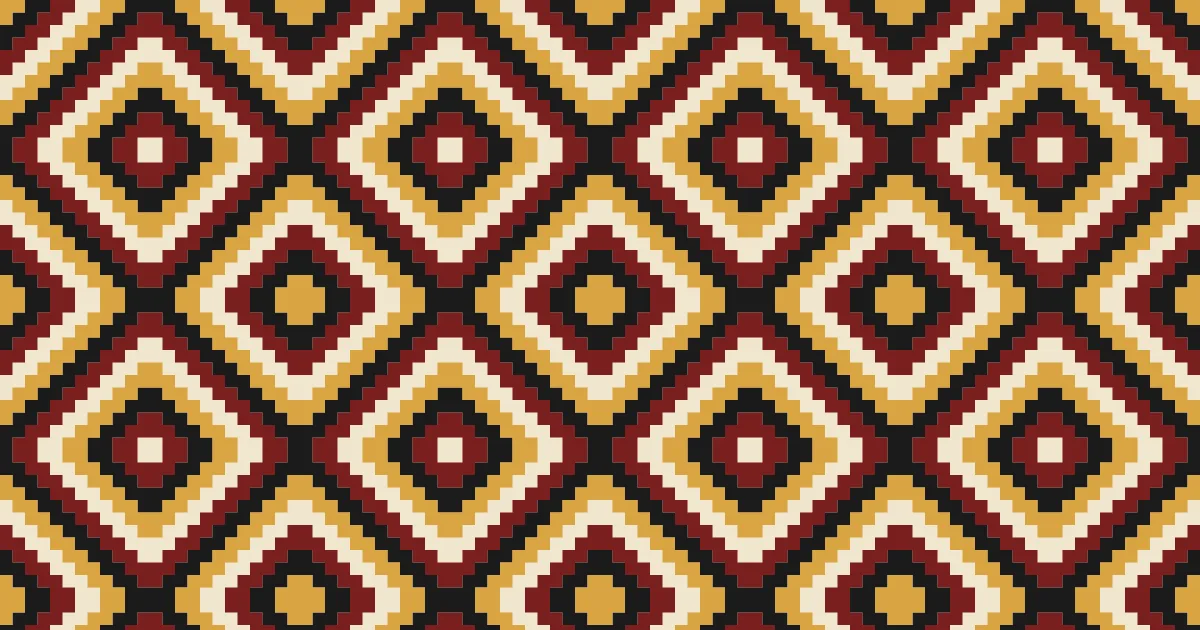 Maroon, black and gold nested diamonds with serrated edges on a cream ground in a Navajo-style weave