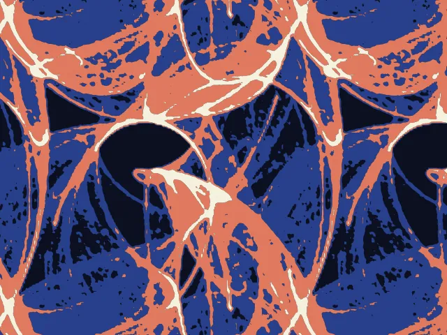 Orange sheets and blue shading that weave through each other across the whole tile on a dark ground