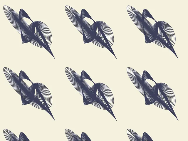Thin navy curves that spiral inward into tight leaf-shaped loops on a pale ground, in rows