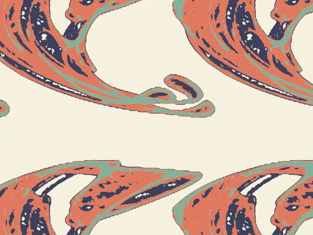 Long orange and green curling sheets with dark navy shading on a cream ground