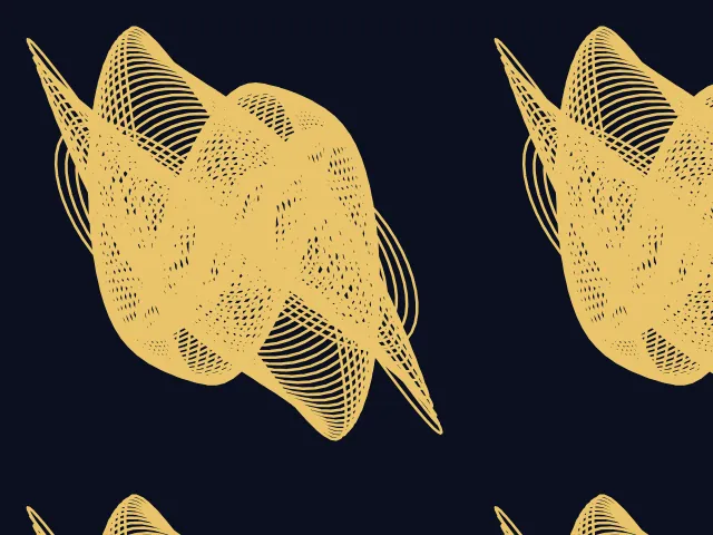 A dense lattice of fine gold lines in a lumpy rounded shape on a very dark ground