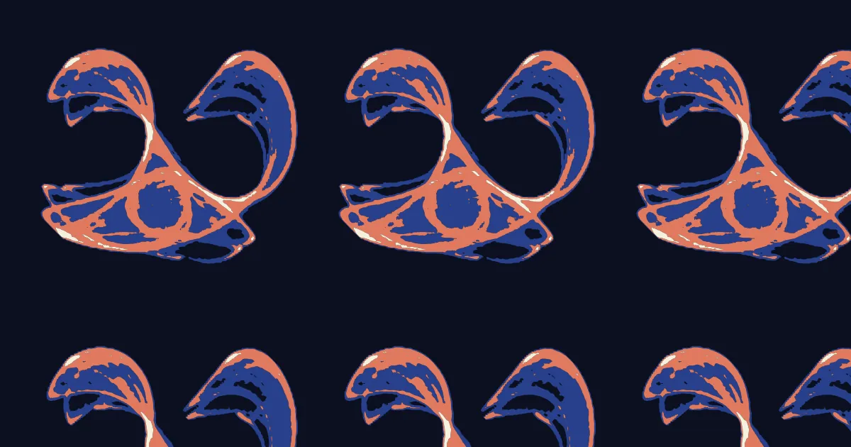 Curling orange and blue ink-like shapes like a pair of waves on a very dark navy ground, a Clifford attractor