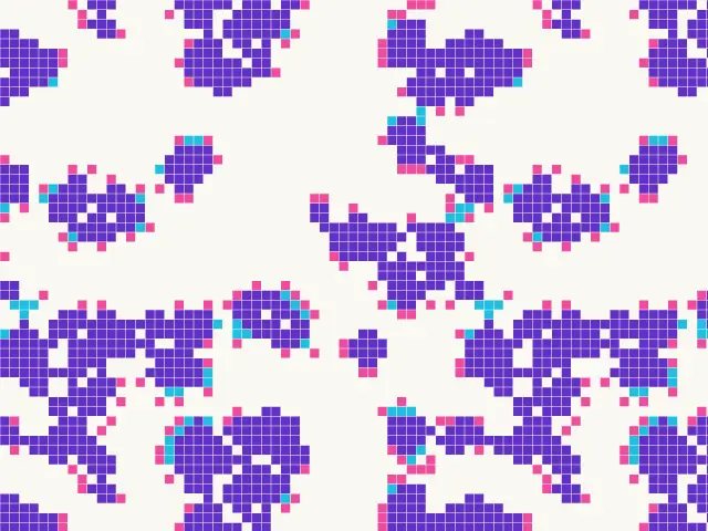 Purple pixel blobs growing like coral on a white background