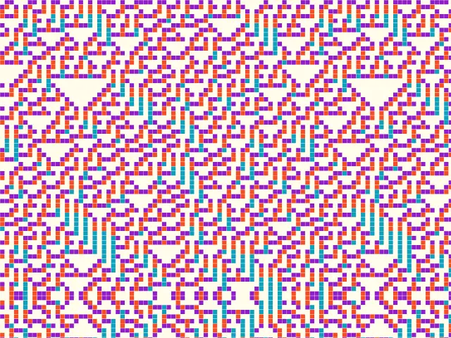 Chaotic pixel patterns of pink, blue and teal squares with small white triangles