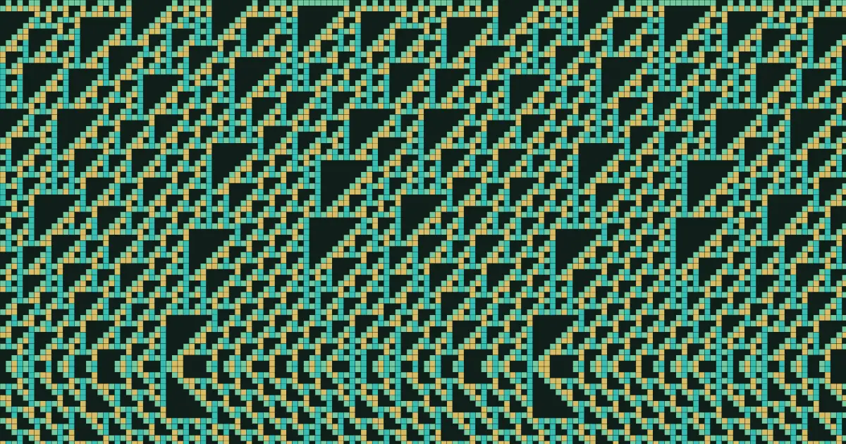 Triangles and steps of rule 110 in teal and gold on a dark background
