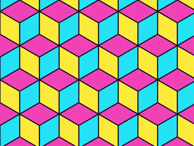 Isometric cubes in pink, yellow and cyan with dark outlines