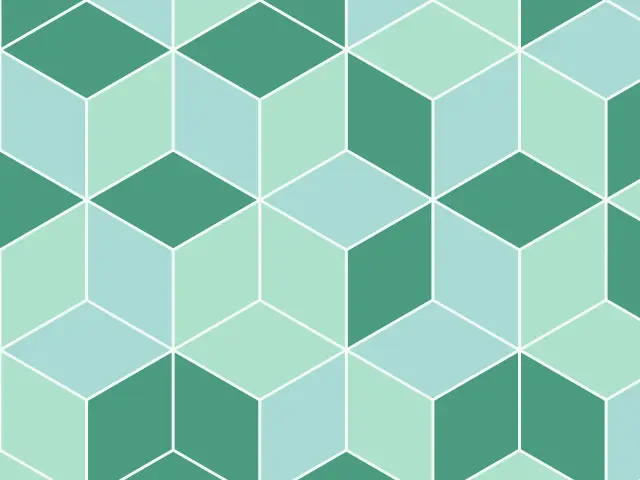 Isometric cubes in three shades of mint green, turned at random