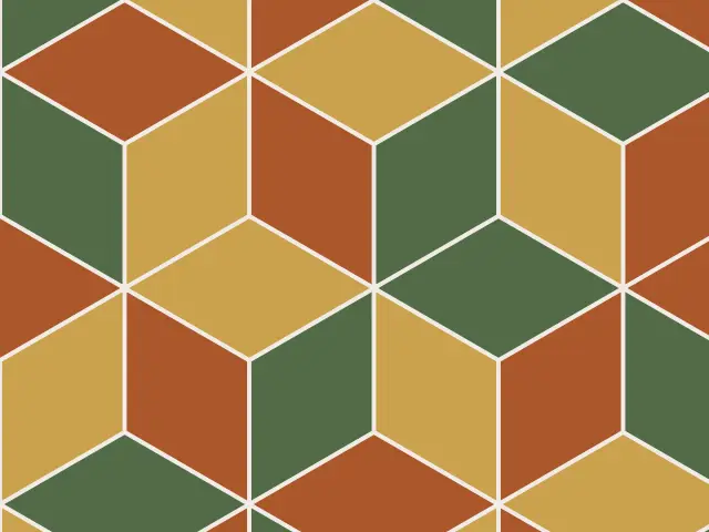 Isometric cubes in rust, ochre and green that read as steps