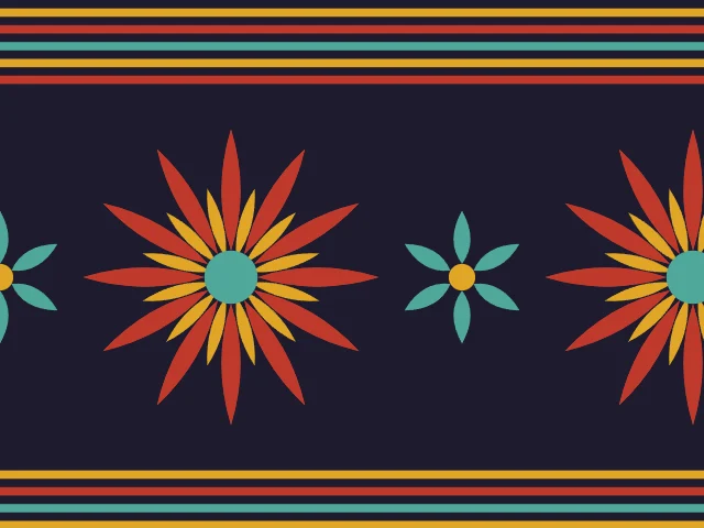 Red and gold twelve-petalled lotuses between bands of five stripes on a dark ground