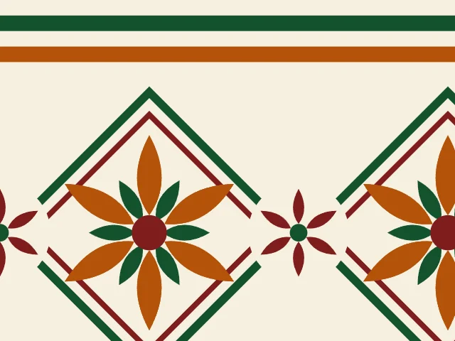 Rust and green six-petalled lotuses in thin diamond frames on a cream ground