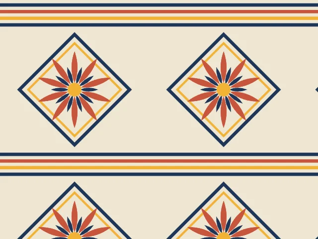 Small ten-petalled lotuses in navy diamond frames between thin stripes on a cream ground