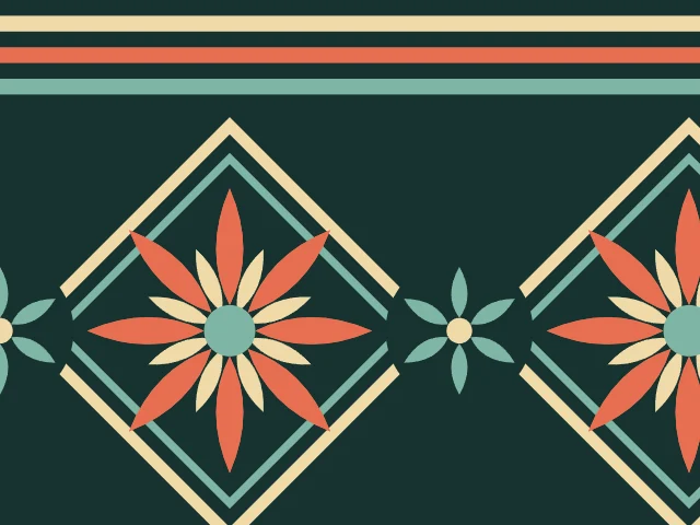 Coral and cream lotuses in cream diamond frames on a deep teal ground