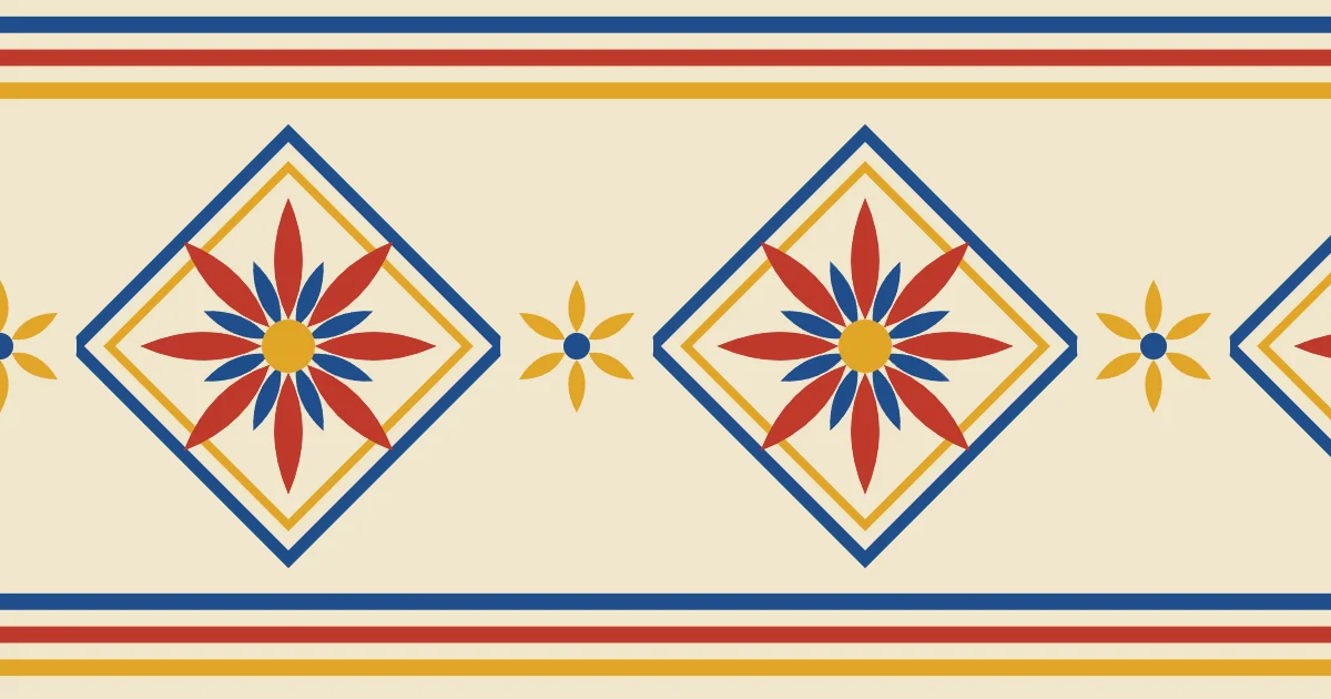 Red and blue lotuses in nested diamonds between bands of blue, red and gold stripes on a cream ground