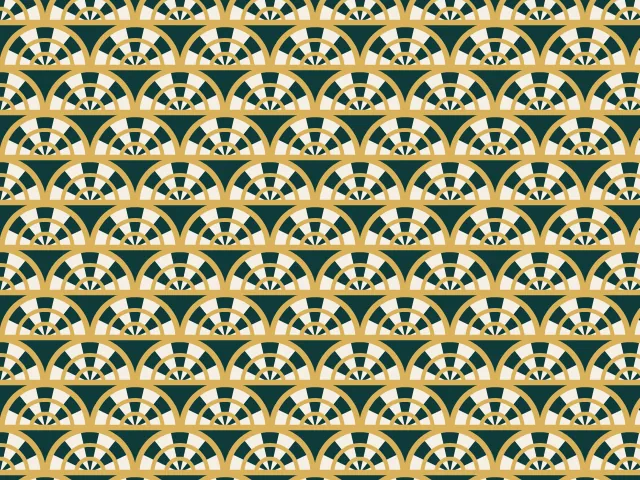 Rows of gold and cream scallop fans on a deep green ground with fine rings