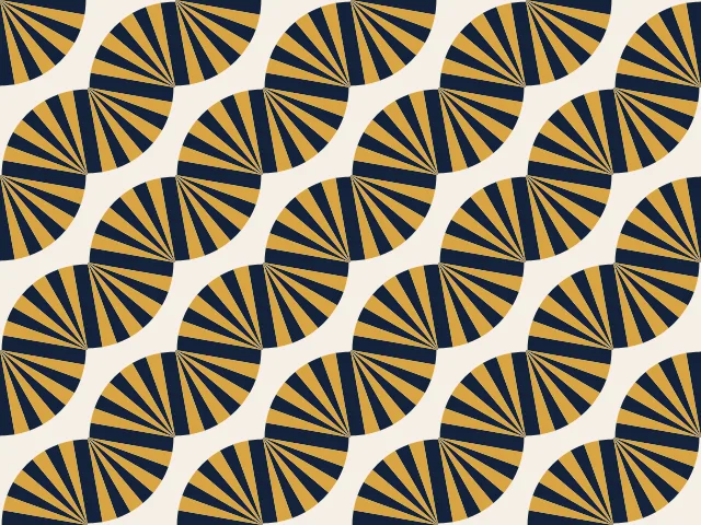 Quarter discs of navy and gold rays at alternating corners, joining into curved fans on a cream ground