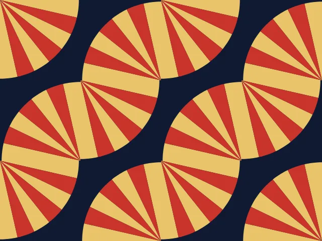 Large quarter discs of gold and red rays joining into fans on a navy ground