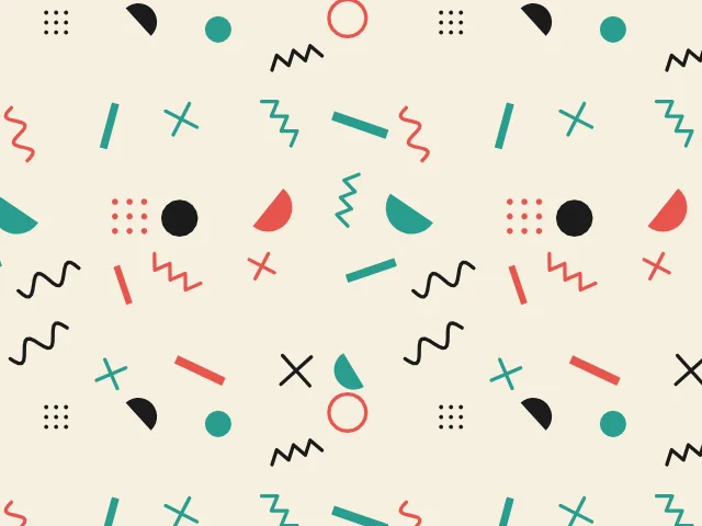 Coral, teal and black squiggles, dots, half-circles and plus signs scattered on a cream ground