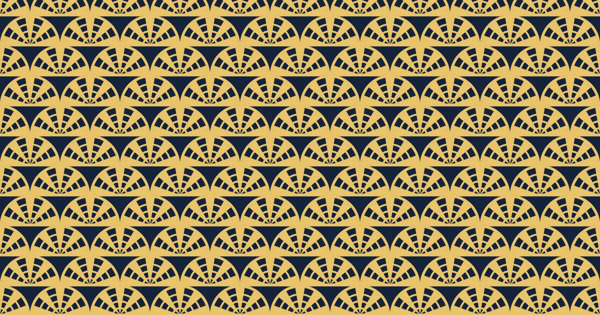 Rows of gold and navy Art Deco scallop fans on a navy ground, each fan with rings and rays