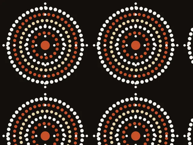 Concentric rings of white, orange and cream dots of growing size around a cream disc, repeated on a black ground