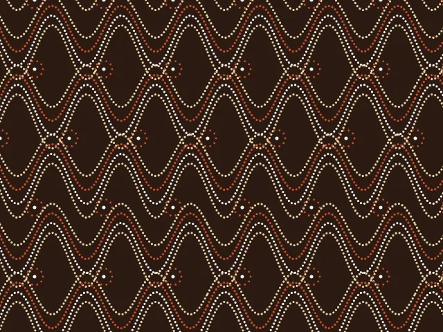Wavy rows of small cream, orange and white dots forming diamonds with small rings between them, on a dark brown ground