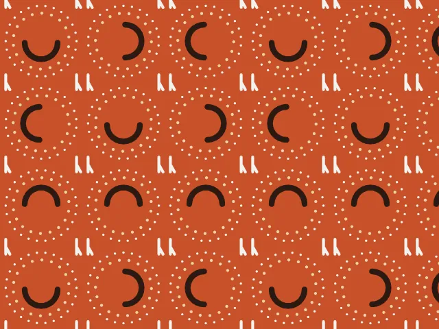 Dark U-shaped marks surrounded by rings of tiny cream dots, with small pairs of footprints, on an orange ground