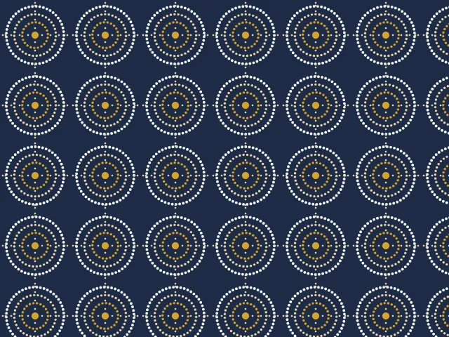 Small rings of white and gold dots around centers in a grid on a navy ground