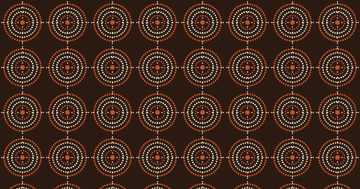 Concentric rings of cream, orange and white dots around gold centers, joined by dotted lines on a very dark brown ground
