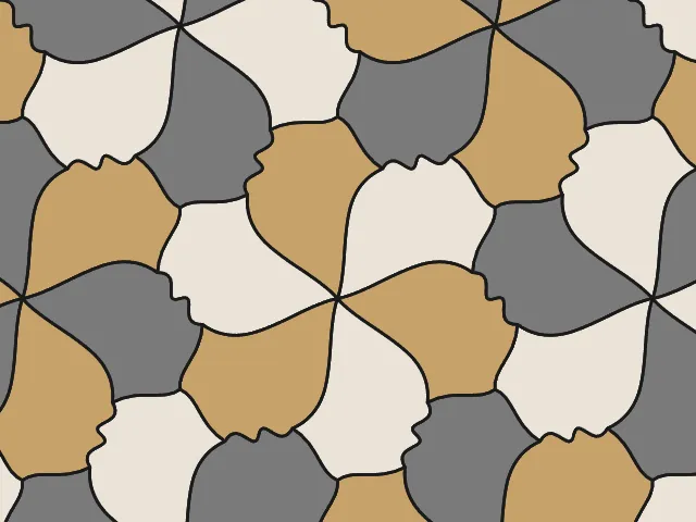 Tiles shaped like profiles in cream, grey and tan with dark outlines
