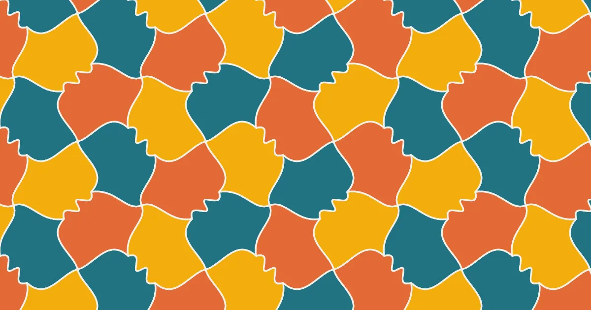Interlocking curved tiles in teal, orange and yellow fitted together without gaps