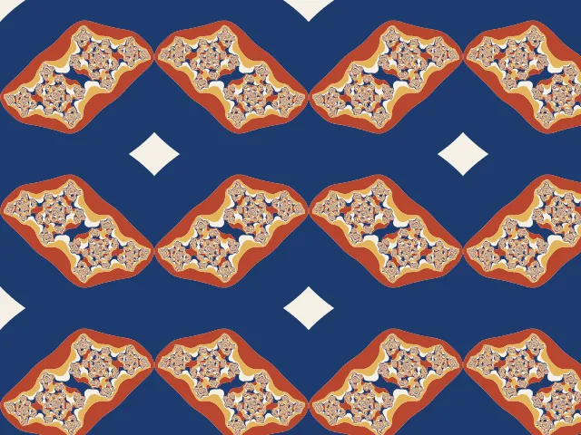 A Julia set drawn as navy ground with rust-red and gold diamond shapes full of tiny spirals