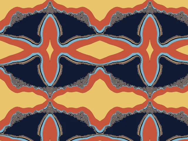 Navy and rust-red ship shapes with light-blue edges on a golden ground