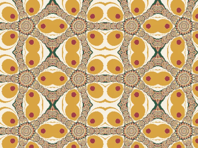A Newton fractal with gold petals, crimson dots and a fine green and sand border on cream