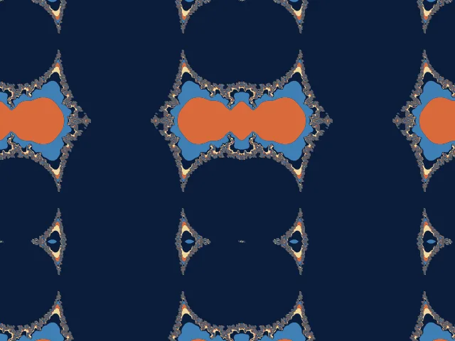 A deep zoom of the Mandelbrot set with orange and blue cardioid shapes on a navy ground