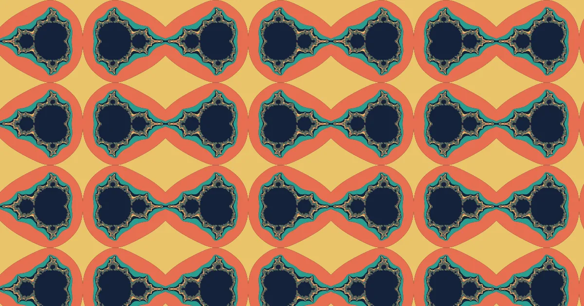 Navy bow-tie shapes of the Mandelbrot set ringed in teal and orange on a golden ground, repeated in rows