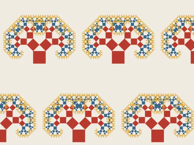 Pythagoras trees in red, blue and gold on a cream background