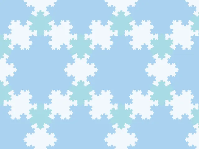 White Koch snowflakes on a pale blue background