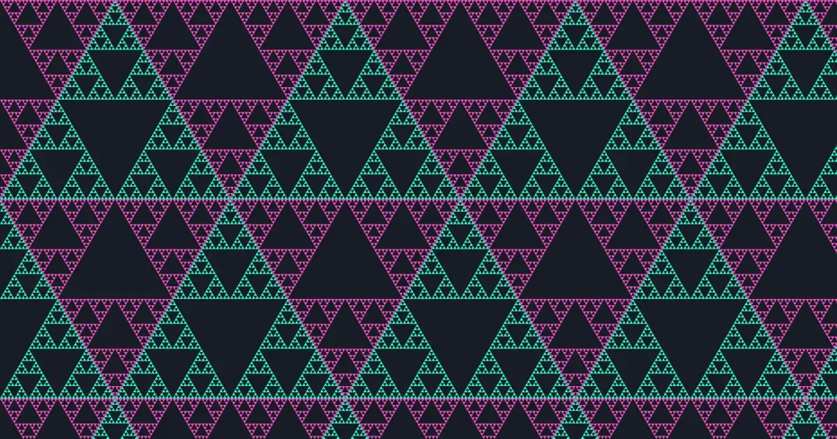 Sierpinski triangles in neon colours on a dark background