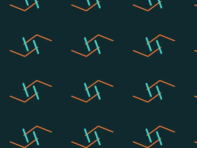 Orange and teal angular marks turned by half a turn on a dark teal background