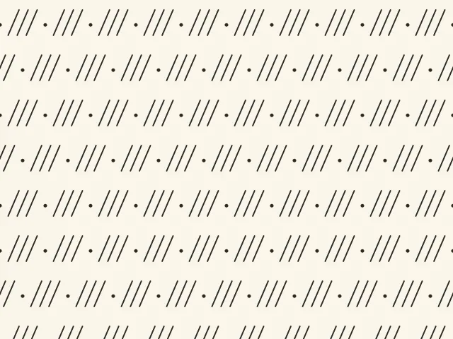 Groups of three slanted black strokes with small dots in staggered rows on a pale ground