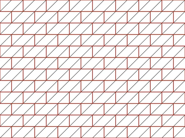 A running bond of red brick outlines with thin black diagonal lines in every brick on a white ground